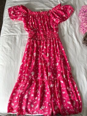 Bright Pink Floral Off-Shoulder Mini Dress